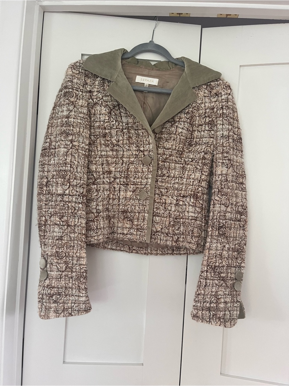 Escada Tweed Crop Blazer in Brown and Olive Trim